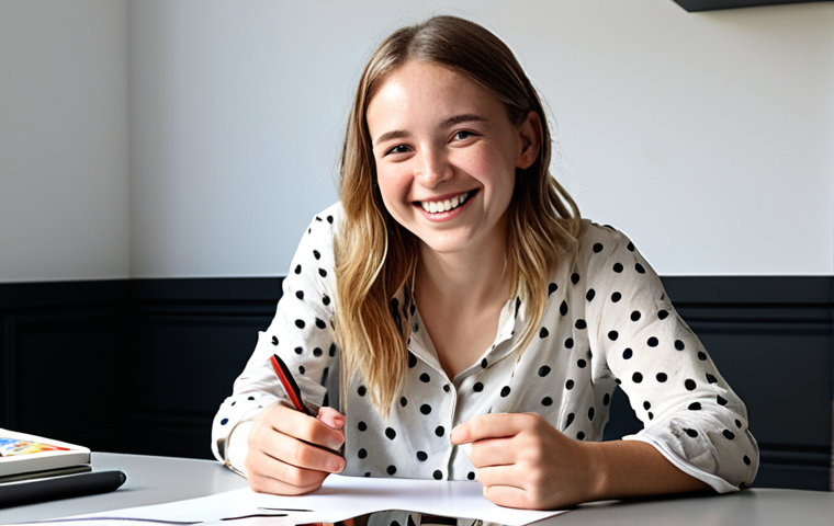 **

"A young, enthusiastic visual designer sitting at a modern desk, hands slightly sweaty, smiling confidently. Scattered around are design books, a Wacom tablet, and sketches. The background shows a bright, minimalist office space with collaborative workspaces."

**