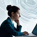 A focused female design strategist, in a professional, modest business suit, seated thoughtfully at a large, smooth desk. The spacious, minimalist office space is bathed in soft, natural light, with subtle, abstract digital projections swirling faintly in the background, representing complex data flows and emergent patterns. One hand gently touches a glowing, translucent screen displaying faint, almost imperceptible visual trends, like stylized early-stage glitch art or evolving organic shapes. The atmosphere is serene and contemplative, emphasizing intuition and the sensing of subtle, weak signals. Perfect anatomy, correct proportions, natural pose, well-formed hands, proper finger count, natural body proportions. High-resolution, professional studio photography, cinematic lighting, ultra-detailed. fully clothed, modest clothing, appropriate attire, professional dress, safe for work, appropriate content, professional.