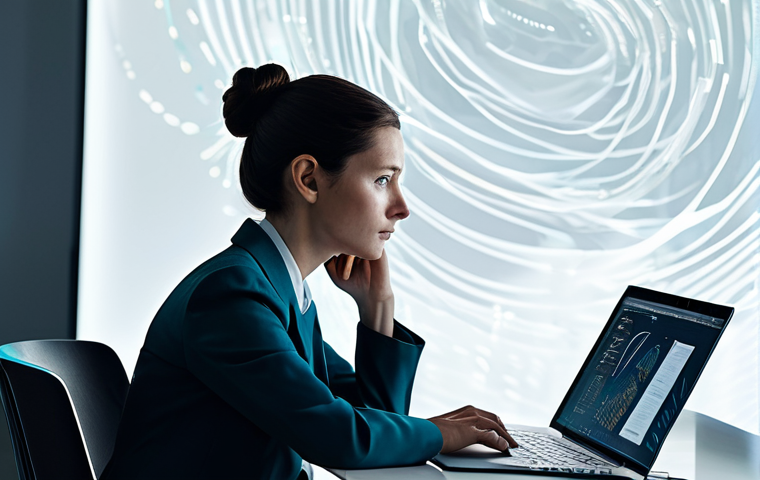 A focused female design strategist, in a professional, modest business suit, seated thoughtfully at a large, smooth desk. The spacious, minimalist office space is bathed in soft, natural light, with subtle, abstract digital projections swirling faintly in the background, representing complex data flows and emergent patterns. One hand gently touches a glowing, translucent screen displaying faint, almost imperceptible visual trends, like stylized early-stage glitch art or evolving organic shapes. The atmosphere is serene and contemplative, emphasizing intuition and the sensing of subtle, weak signals. Perfect anatomy, correct proportions, natural pose, well-formed hands, proper finger count, natural body proportions. High-resolution, professional studio photography, cinematic lighting, ultra-detailed. fully clothed, modest clothing, appropriate attire, professional dress, safe for work, appropriate content, professional.