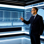 A professional design leader, fully clothed in a modest business suit, standing in a modern, high-tech design studio. They are looking at a large translucent digital display showing complex data visualizations and strategic flowcharts, with their hand gesturing towards the screen. The studio features sleek furniture, ambient lighting, and subtle futuristic elements, reflecting innovation and foresight. The image should convey leadership, strategic thinking, and technological integration. safe for work, appropriate content, fully clothed, professional, perfect anatomy, correct proportions, natural pose, well-formed hands, proper finger count, natural body proportions, high-quality photography.