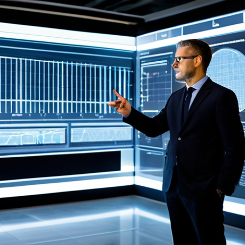 Home 28 A professional design leader, fully clothed in a modest business suit, standing in a modern, high-tech design studio. They are looking at a large translucent digital display showing complex data visualizations and strategic flowcharts, with their hand gesturing towards the screen. The studio features sleek furniture, ambient lighting, and subtle futuristic elements, reflecting innovation and foresight. The image should convey leadership, strategic thinking, and technological integration. safe for work, appropriate content, fully clothed, professional, perfect anatomy, correct proportions, natural pose, well-formed hands, proper finger count, natural body proportions, high-quality photography.
