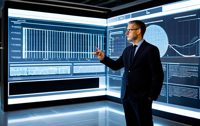 A professional design leader, fully clothed in a modest business suit, standing in a modern, high-tech design studio. They are looking at a large translucent digital display showing complex data visualizations and strategic flowcharts, with their hand gesturing towards the screen. The studio features sleek furniture, ambient lighting, and subtle futuristic elements, reflecting innovation and foresight. The image should convey leadership, strategic thinking, and technological integration. safe for work, appropriate content, fully clothed, professional, perfect anatomy, correct proportions, natural pose, well-formed hands, proper finger count, natural body proportions, high-quality photography.