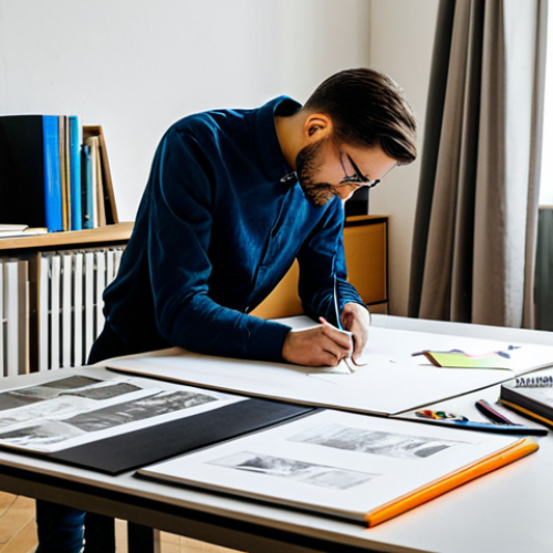 Home 25 **
"A skilled graphic designer working on a brand identity project, sketching ideas in a bright studio in Milan, surrounded by mood boards and design books, fully clothed, appropriate attire, safe for work, perfect anatomy, natural proportions, professional, high quality."
**