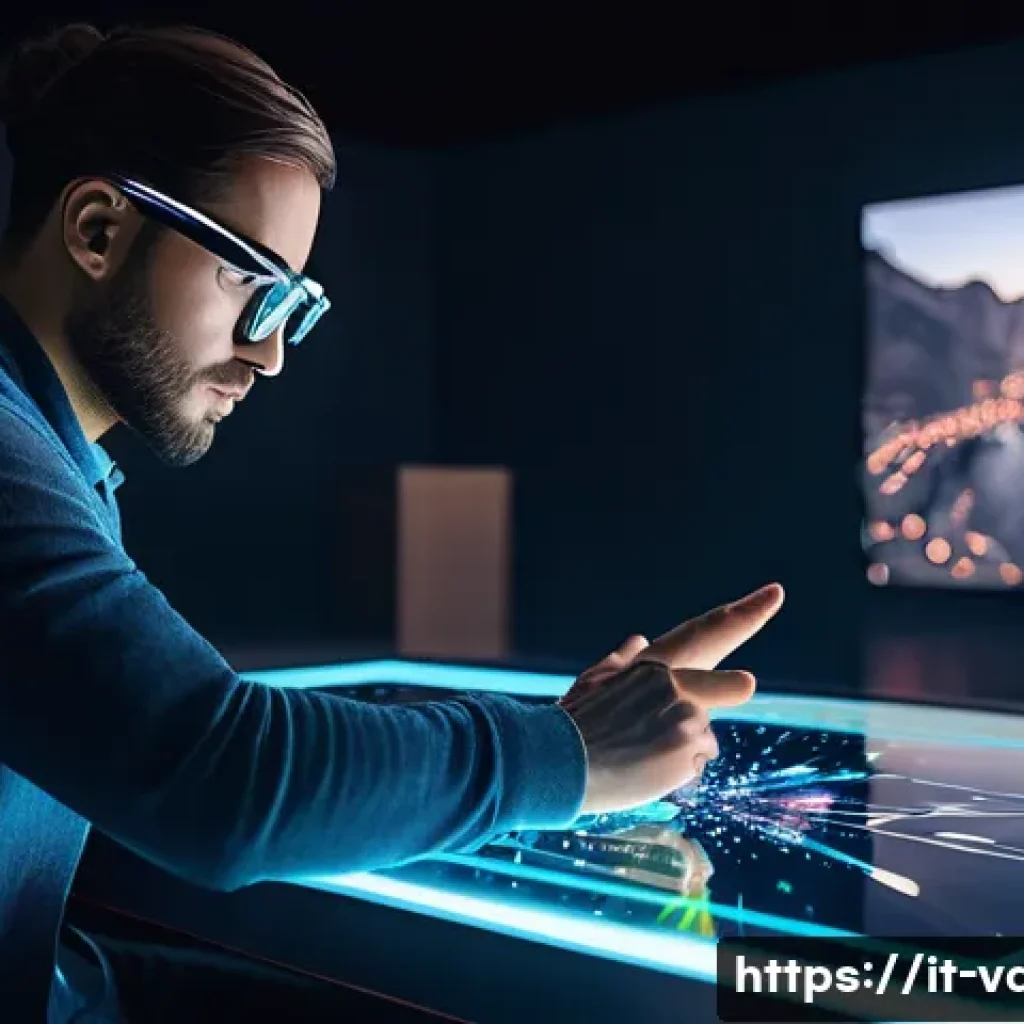 시각디자인과 AR VR의 접목 - A futuristic digital artist workspace featuring a designer wearing casual clothing and glasses, inte...
