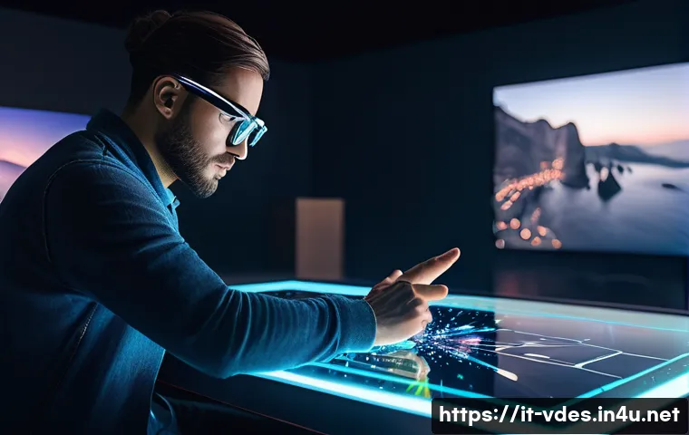 시각디자인과 AR VR의 접목 - A futuristic digital artist workspace featuring a designer wearing casual clothing and glasses, inte...