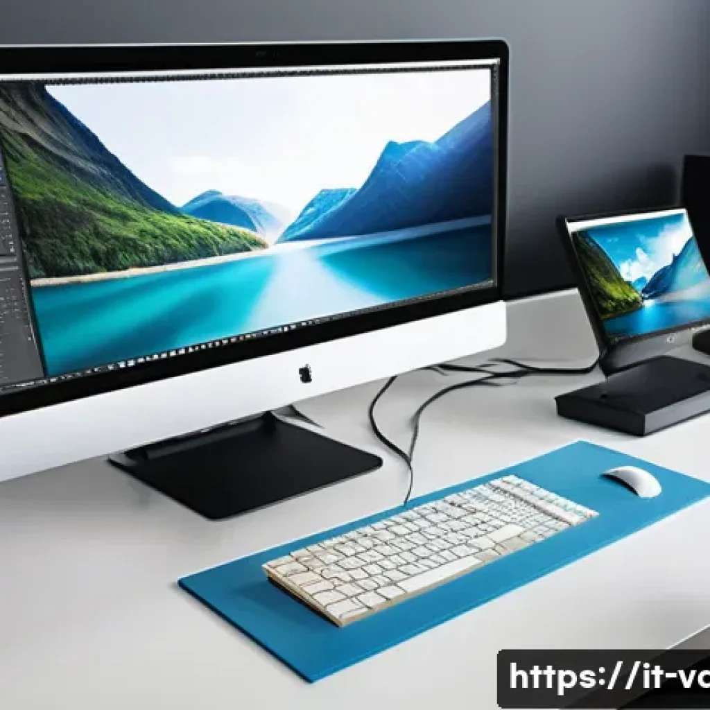 시각디자인에 필요한 컴퓨터 스펙 - A sleek, modern graphic designer’s workspace featuring a high-end desktop computer with a large 32-i...