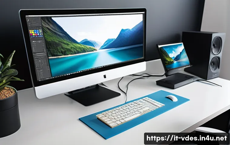 시각디자인에 필요한 컴퓨터 스펙 - A sleek, modern graphic designer’s workspace featuring a high-end desktop computer with a large 32-i...