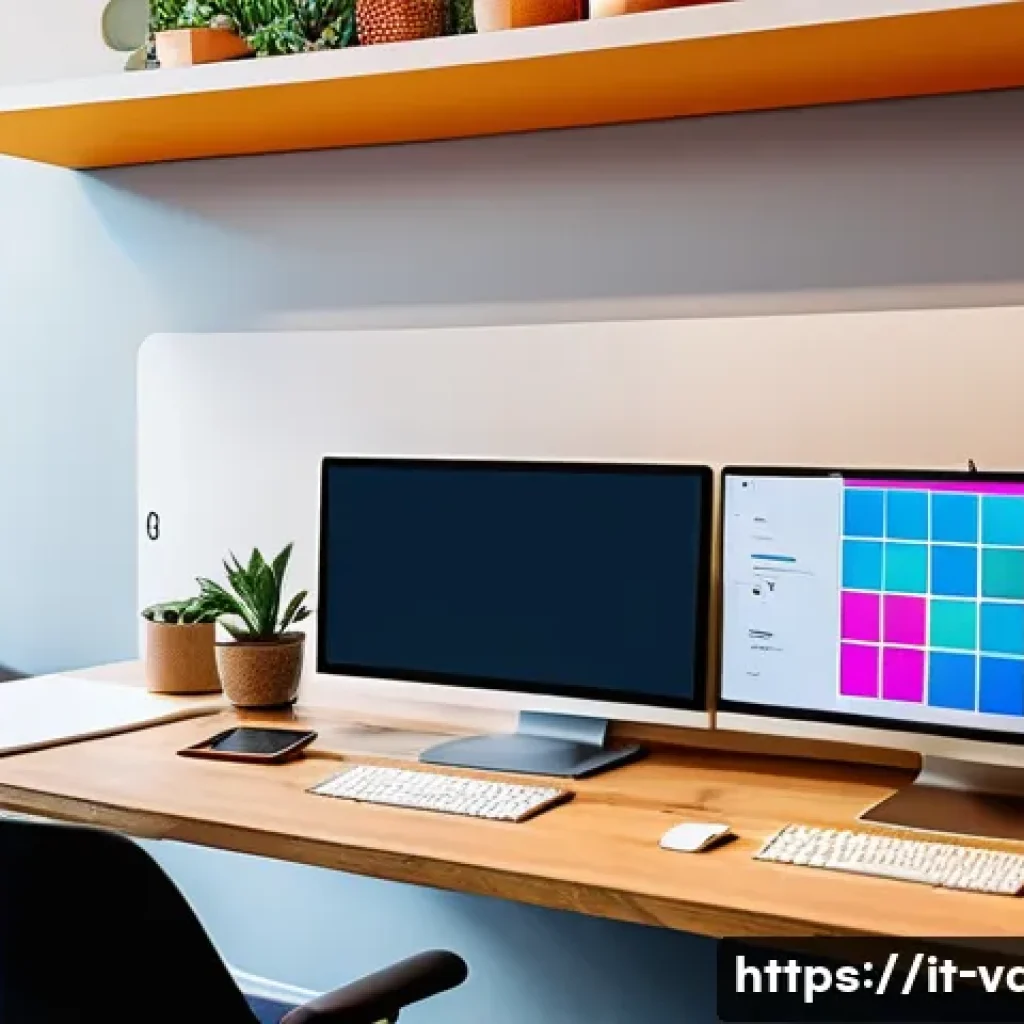 시각디자인과 UX UI의 차이 - A modern digital workspace showcasing a collaborative design session between a visual designer and a...
