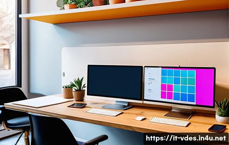 시각디자인과 UX UI의 차이 - A modern digital workspace showcasing a collaborative design session between a visual designer and a...