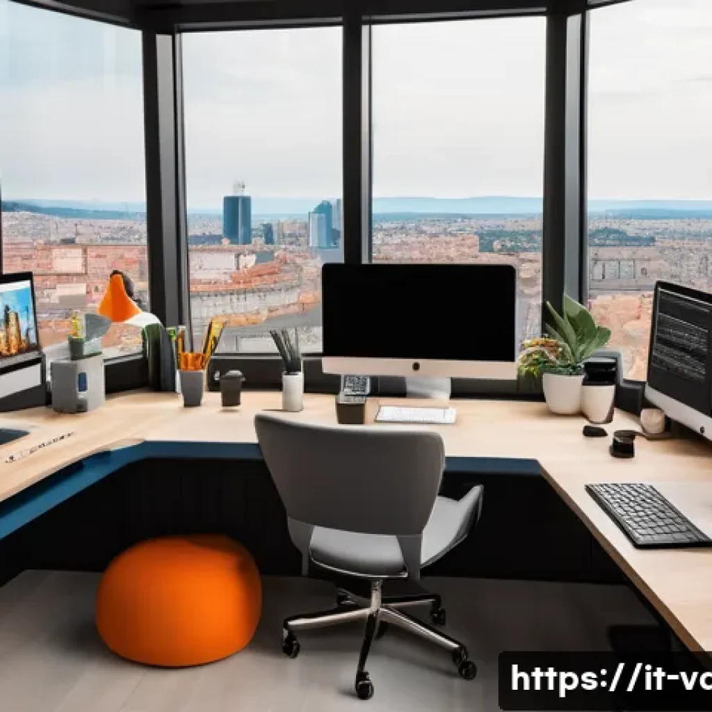 시각디자인의 다양한 직무 설명 - A modern graphic designer workspace featuring a sleek desk with dual monitors displaying Adobe Photo...