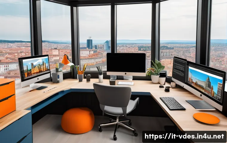 시각디자인의 다양한 직무 설명 - A modern graphic designer workspace featuring a sleek desk with dual monitors displaying Adobe Photo...