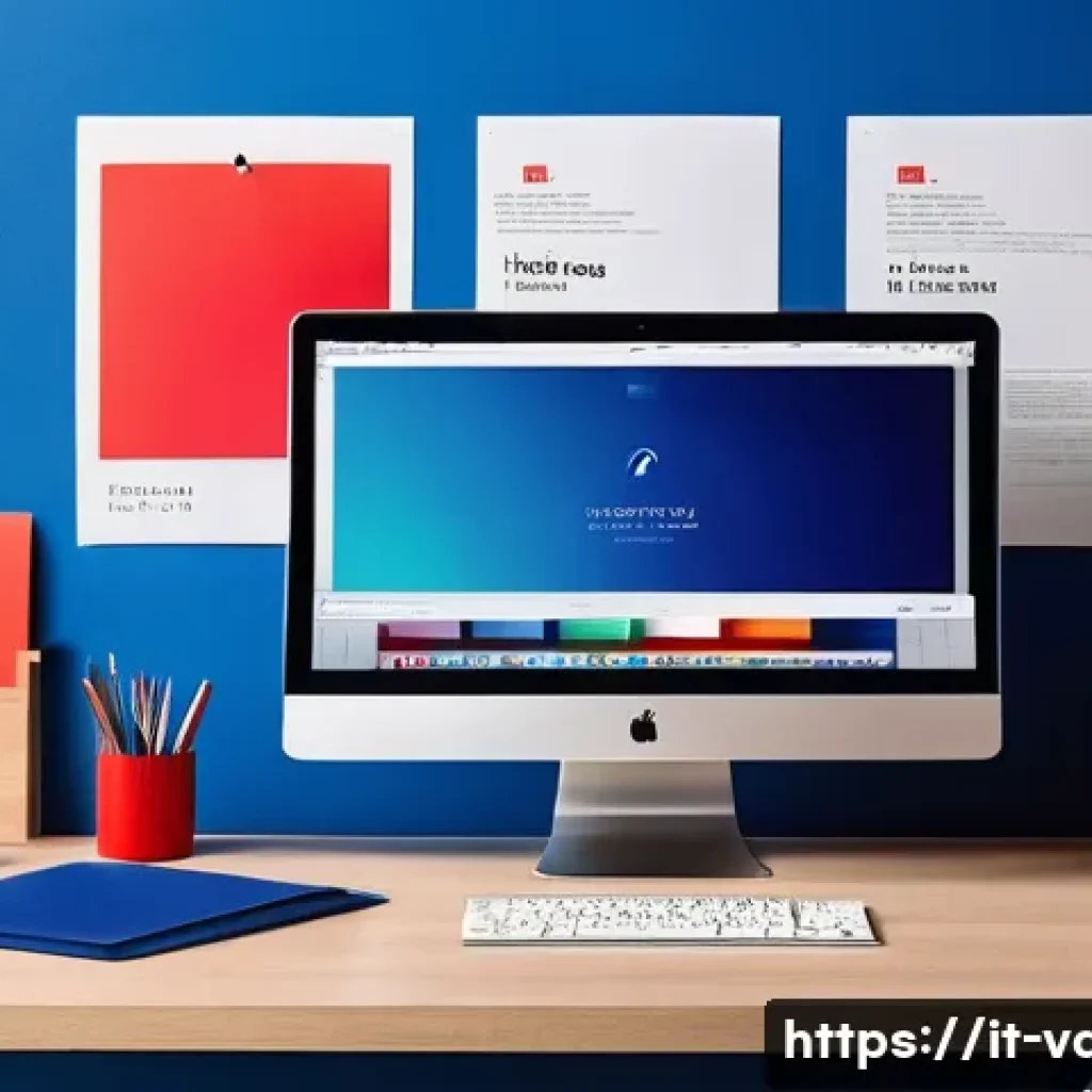 시각디자인과 트렌드에 맞춘 브랜딩 - A sleek, modern branding workspace showcasing a designer’s desk with a large computer screen display...