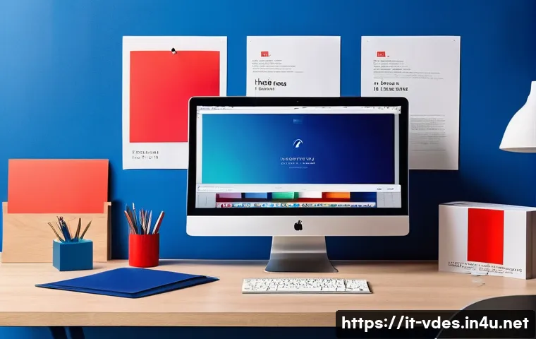 시각디자인과 트렌드에 맞춘 브랜딩 - A sleek, modern branding workspace showcasing a designer’s desk with a large computer screen display...