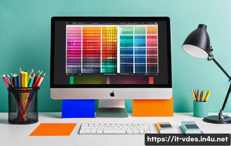 시각디자인 자격증 시험 과목 - A vibrant and professional digital workspace showcasing a color theory exercise in progress: multipl...