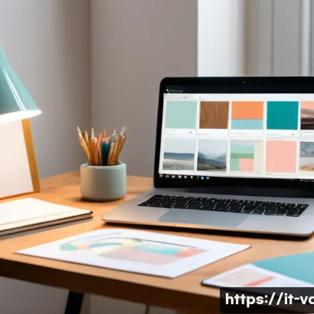 시각디자인 실기 준비법 - A modern workspace scene showcasing a young Italian graphic designer studying visual design trends o...