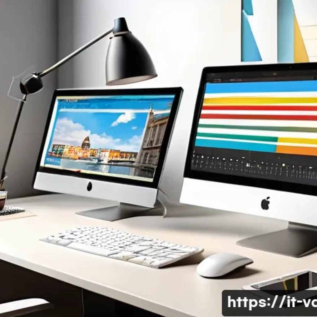 시각디자인과 관련된 소프트웨어 - A creative workspace scene showing a modern designer’s desk with dual monitors displaying intuitive ...