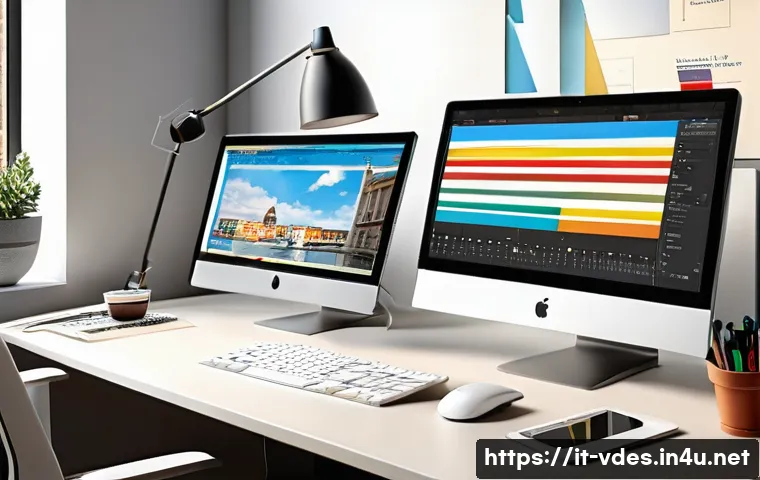 시각디자인과 관련된 소프트웨어 - A creative workspace scene showing a modern designer’s desk with dual monitors displaying intuitive ...