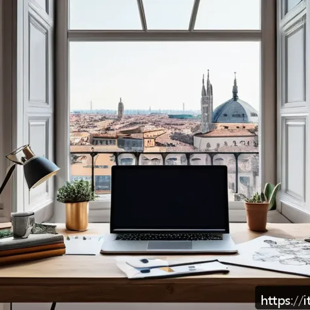 시각디자인 분야의 스타트업 참여 - A modern creative professional workspace featuring a young Italian designer at a sleek desk in a bri...