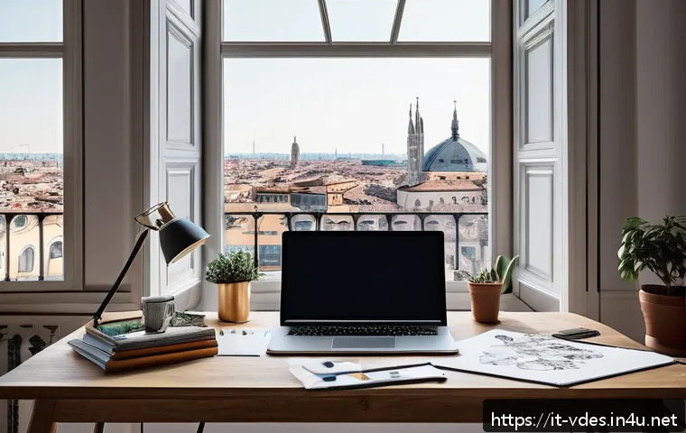 시각디자인 분야의 스타트업 참여 - A modern creative professional workspace featuring a young Italian designer at a sleek desk in a bri...