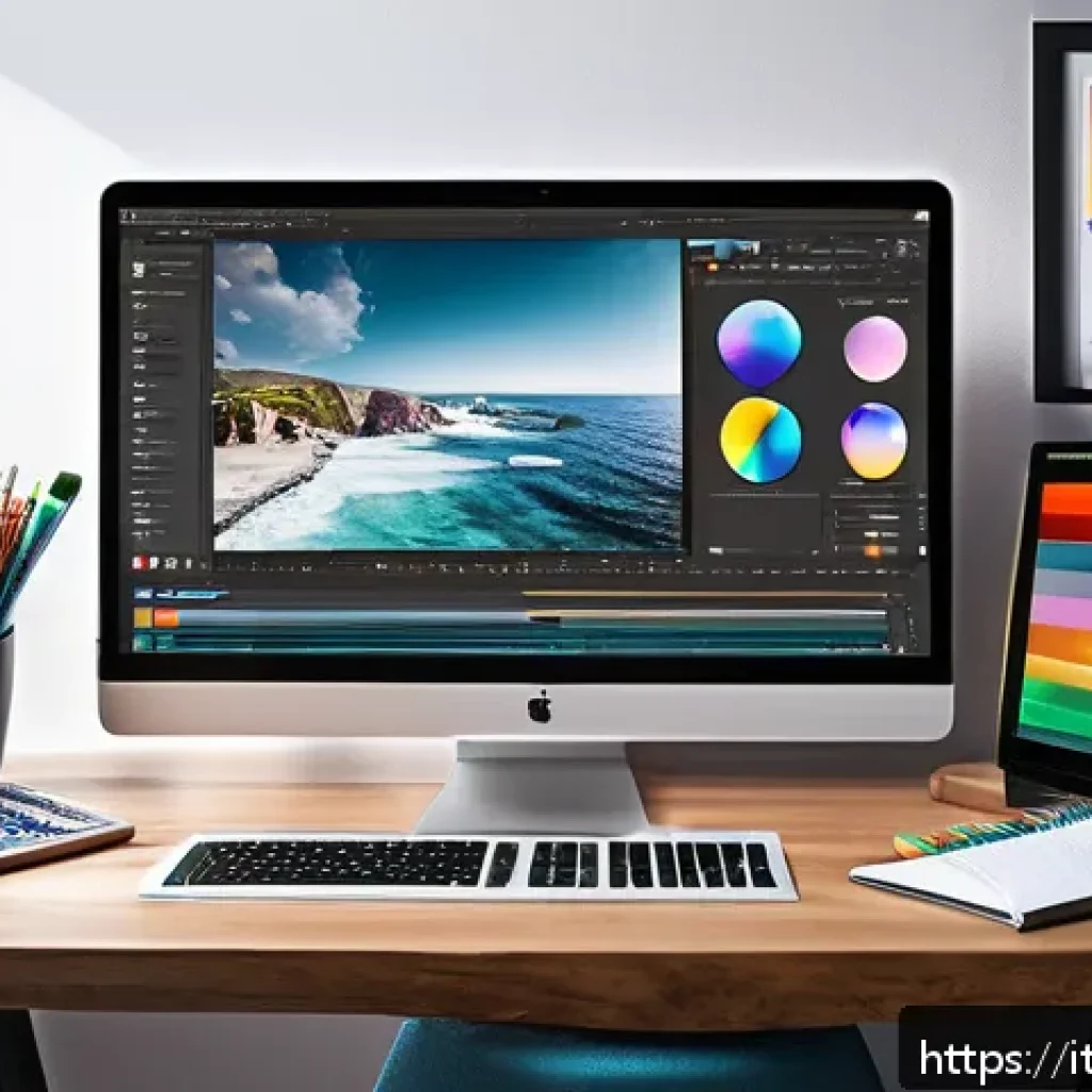 시각디자인의 성장 경로 - A modern digital design studio workspace showing a creative professional using a large high-resoluti...