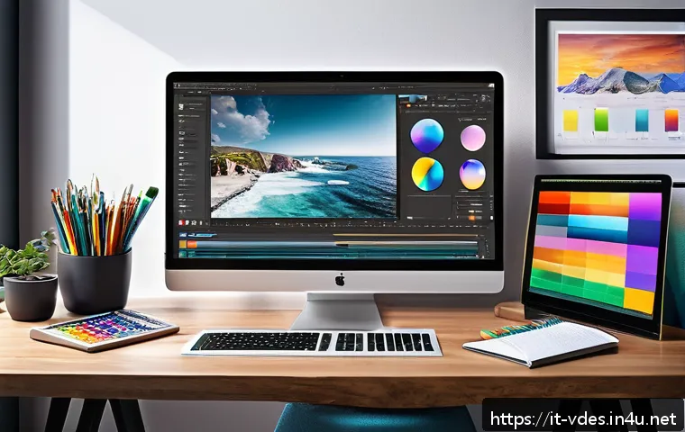 시각디자인의 성장 경로 - A modern digital design studio workspace showing a creative professional using a large high-resoluti...