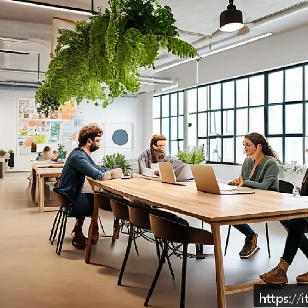 시각디자인 실무에서의 협업 팁 - A modern, bright creative office space filled with diverse team members collaborating around a large...