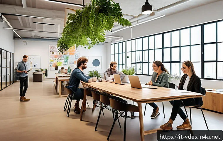 시각디자인 실무에서의 협업 팁 - A modern, bright creative office space filled with diverse team members collaborating around a large...