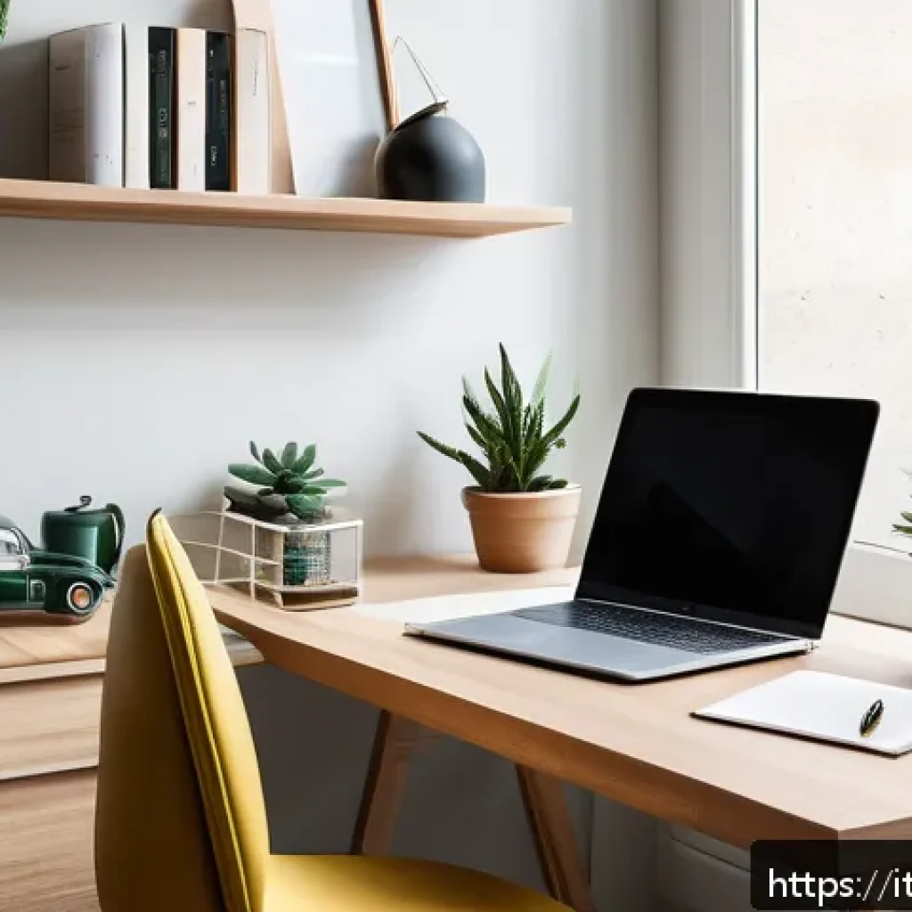 시각디자인 리모트 작업 노하우 - A modern home office workspace bathed in natural light from a large window, featuring a sleek ergono...