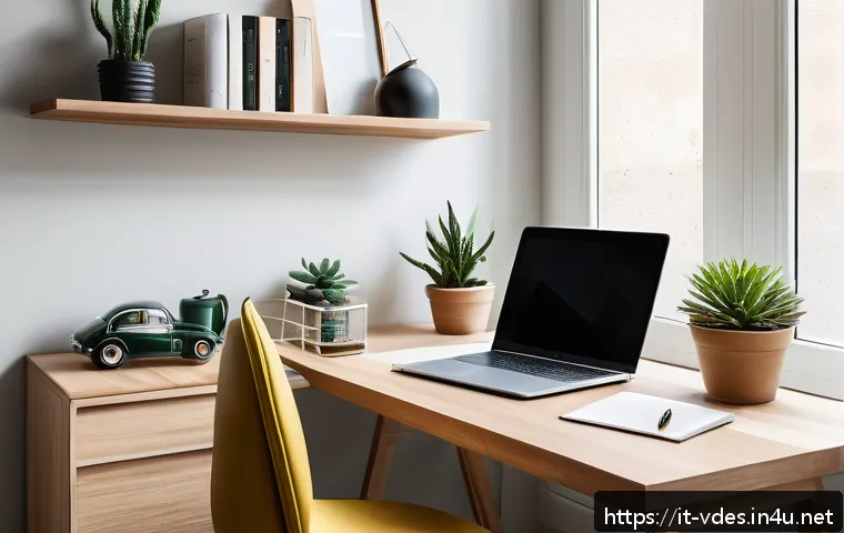 시각디자인 리모트 작업 노하우 - A modern home office workspace bathed in natural light from a large window, featuring a sleek ergono...