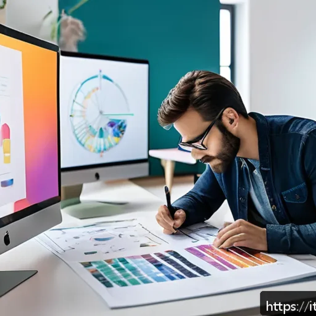 시각디자인 분야의 기술 발전 - A modern creative workspace showing a professional Italian graphic designer collaborating with an AI...