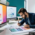 시각디자인 분야의 기술 발전 - A modern creative workspace showing a professional Italian graphic designer collaborating with an AI...