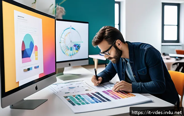 시각디자인 분야의 기술 발전 - A modern creative workspace showing a professional Italian graphic designer collaborating with an AI...