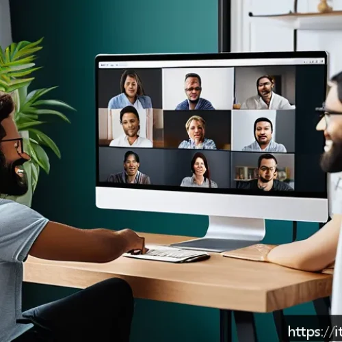 Home 32 시각디자인 프로젝트 관리 팁 - A modern remote design team collaborating through a virtual meeting on a large screen in a cozy, wel...
