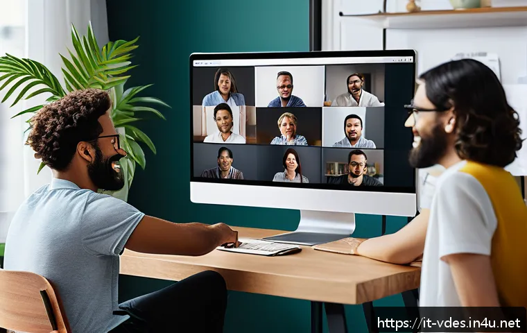 시각디자인 프로젝트 관리 팁 - A modern remote design team collaborating through a virtual meeting on a large screen in a cozy, wel...