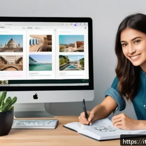 시각디자인 온라인 학습 리소스 - A modern digital learning workspace showcasing a young Italian designer studying visual design onlin...
