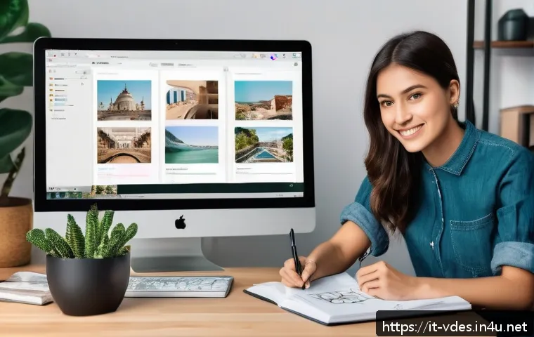 시각디자인 온라인 학습 리소스 - A modern digital learning workspace showcasing a young Italian designer studying visual design onlin...