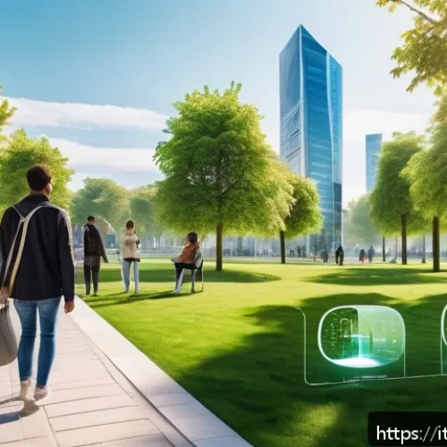 Home 30 시각디자인 졸업 작품 아이디어 - A futuristic urban park scene integrating augmented reality interfaces: diverse people wearing casua...
