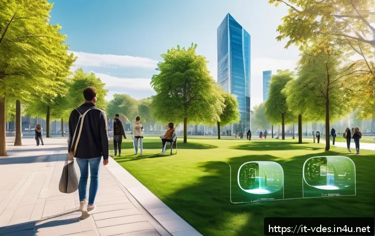 시각디자인 졸업 작품 아이디어 - A futuristic urban park scene integrating augmented reality interfaces: diverse people wearing casua...