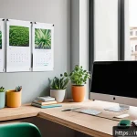 시각디자인 업무 시간 관리 - A modern creative workspace featuring a clean, organized desk with a high-resolution computer screen...