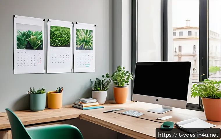 시각디자인 업무 시간 관리 - A modern creative workspace featuring a clean, organized desk with a high-resolution computer screen...