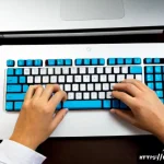 시각디자인에서 자주 사용하는 단축키 - Photorealistic overhead view of an Italian visual designer’s workspace in Milan, hands using a sleek...
